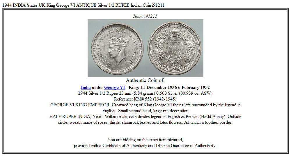 1944 INDIA States UK King George VI ANTIQUE Silver 1/2 RUPEE Indian Coin i91211