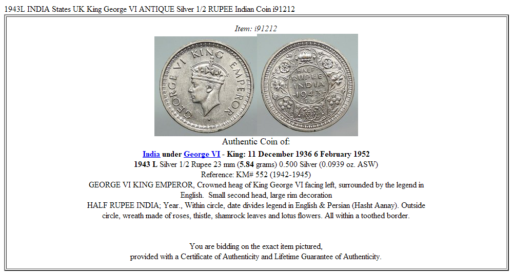 1943L INDIA States UK King George VI ANTIQUE Silver 1/2 RUPEE Indian Coin i91212