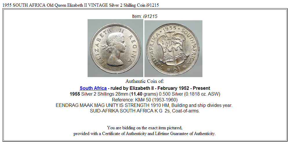 1955 SOUTH AFRICA Old Queen Elizabeth II VINTAGE Silver 2 Shilling Coin i91215