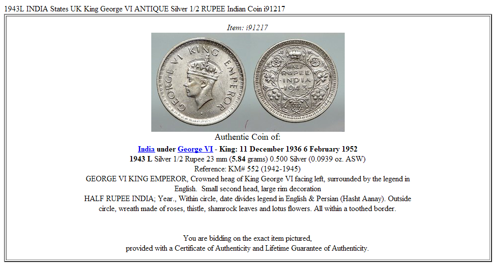 1943L INDIA States UK King George VI ANTIQUE Silver 1/2 RUPEE Indian Coin i91217