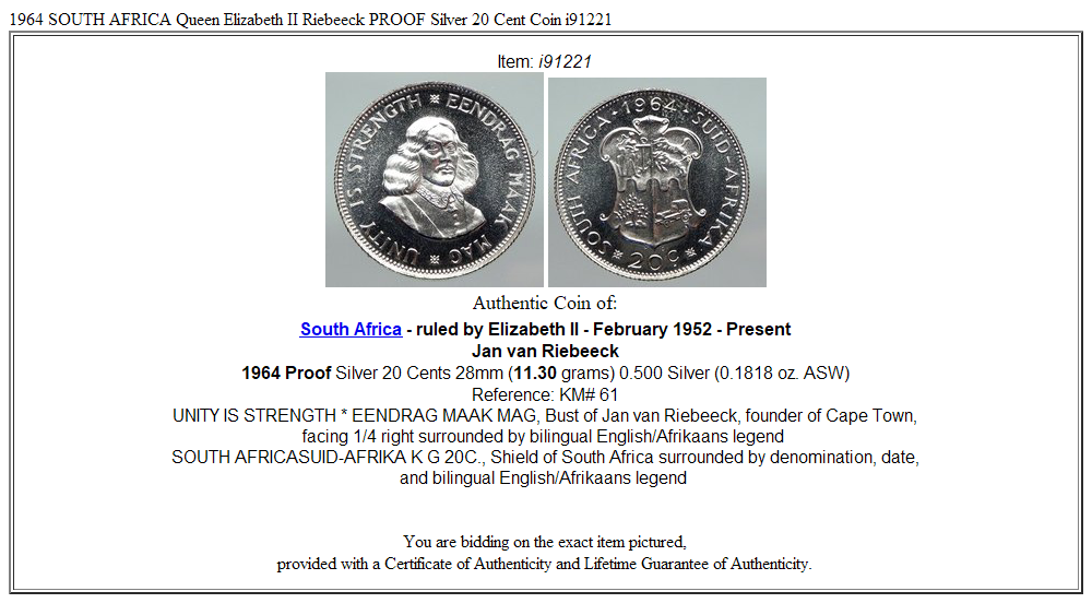 1964 SOUTH AFRICA Queen Elizabeth II Riebeeck PROOF Silver 20 Cent Coin i91221