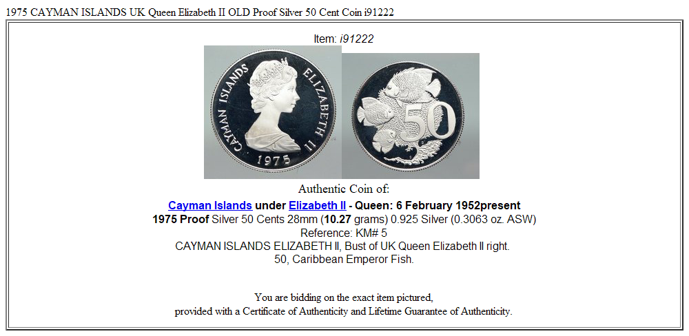 1975 CAYMAN ISLANDS UK Queen Elizabeth II OLD Proof Silver 50 Cent Coin i91222