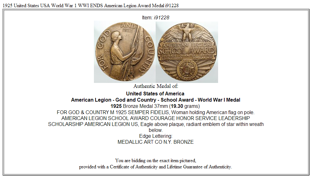 1925 United States USA World War 1 WWI ENDS American Legion Award Medal i91228