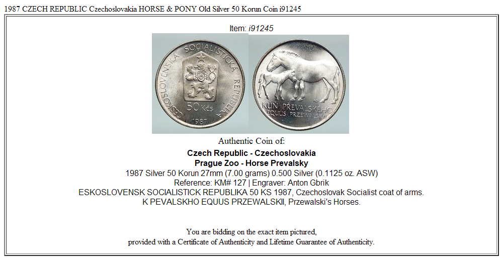 1987 CZECH REPUBLIC Czechoslovakia HORSE & PONY Old Silver 50 Korun Coin i91245