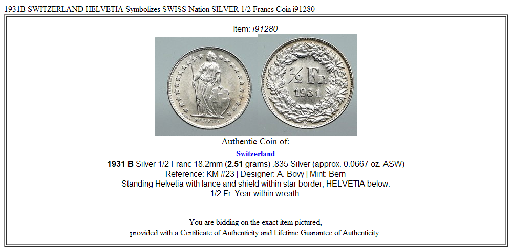 1931B SWITZERLAND HELVETIA Symbolizes SWISS Nation SILVER 1/2 Francs Coin i91280