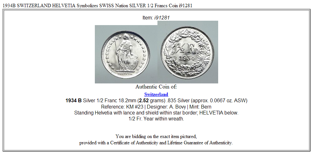 1934B SWITZERLAND HELVETIA Symbolizes SWISS Nation SILVER 1/2 Francs Coin i91281