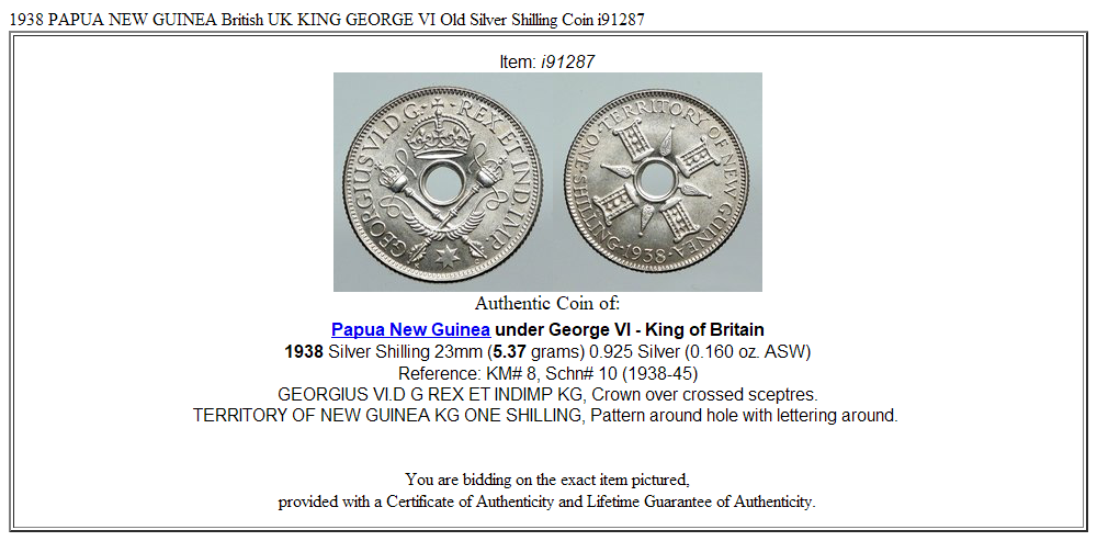 1938 PAPUA NEW GUINEA British UK KING GEORGE VI Old Silver Shilling Coin i91287