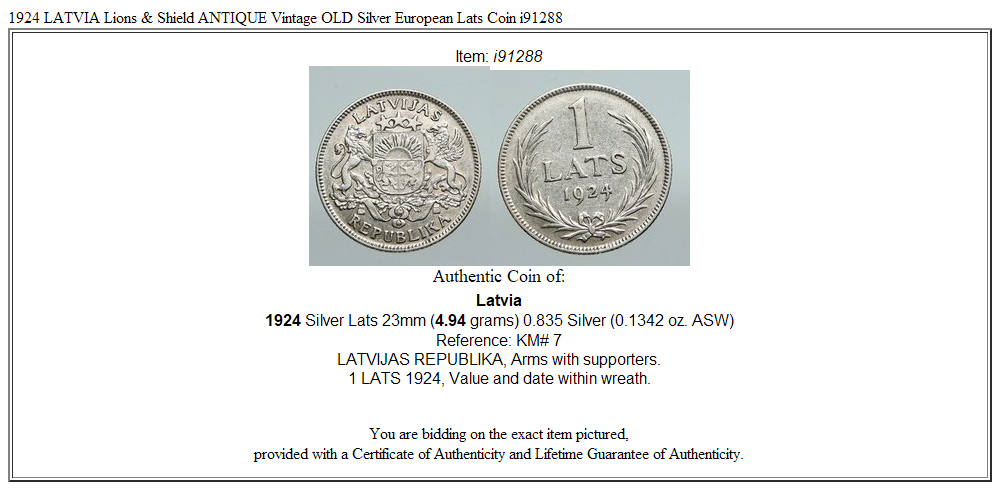 1924 LATVIA Lions & Shield ANTIQUE Vintage OLD Silver European Lats Coin i91288