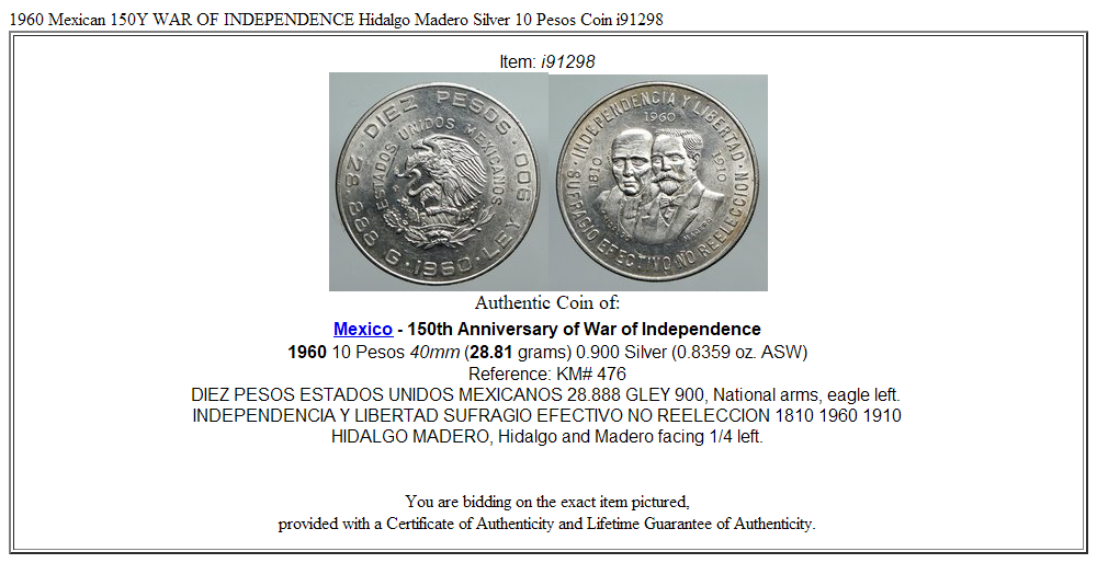 1960 Mexican 150Y WAR OF INDEPENDENCE Hidalgo Madero Silver 10 Pesos Coin i91298