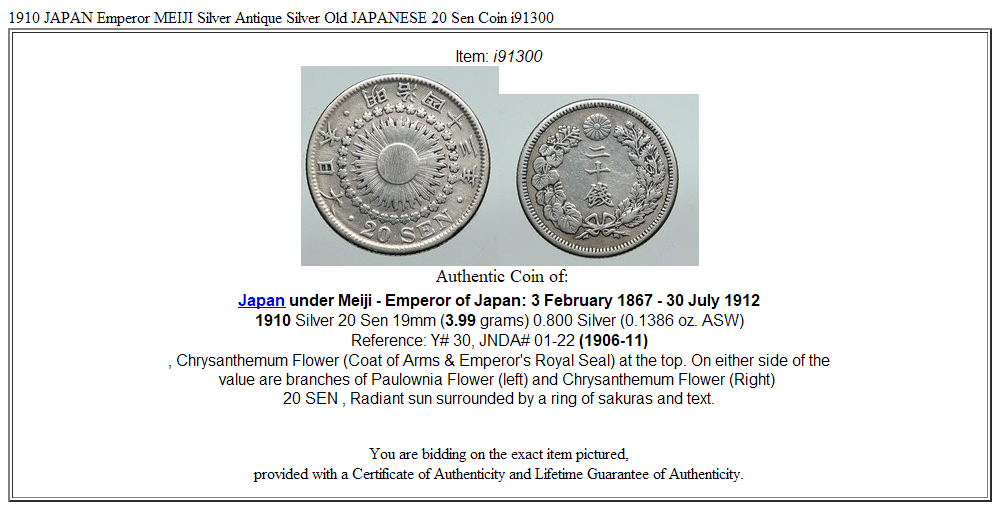 1910 JAPAN Emperor MEIJI Silver Antique Silver Old JAPANESE 20 Sen Coin i91300