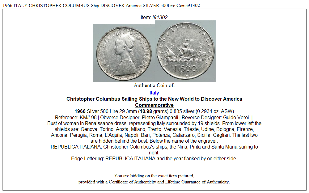 1966 ITALY CHRISTOPHER COLUMBUS Ship DISCOVER America SILVER 500Lire Coin i91302