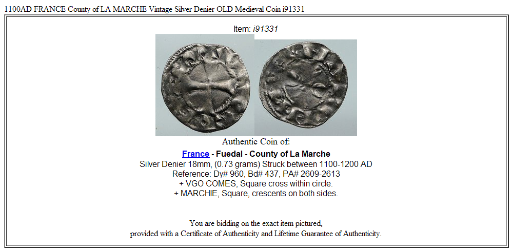 1100AD FRANCE County of LA MARCHE Vintage Silver Denier OLD Medieval Coin i91331