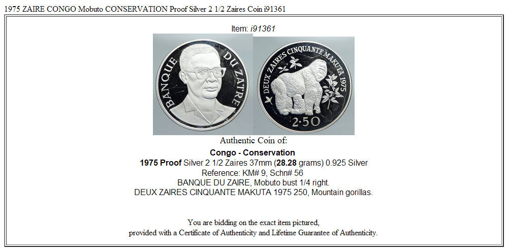 1975 ZAIRE CONGO Mobuto CONSERVATION Proof Silver 2 1/2 Zaires Coin i91361