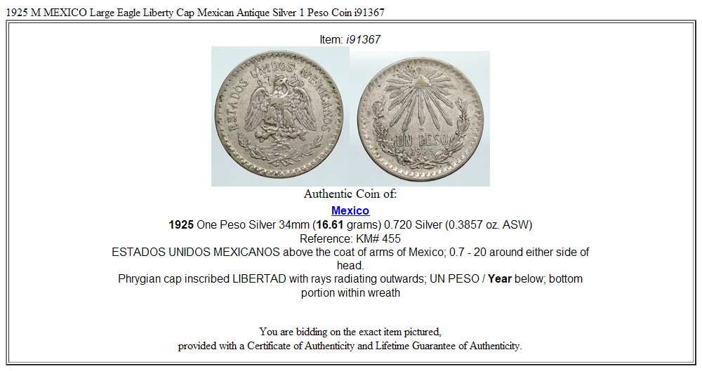 1925 M MEXICO Large Eagle Liberty Cap Mexican Antique Silver 1 Peso Coin i91367