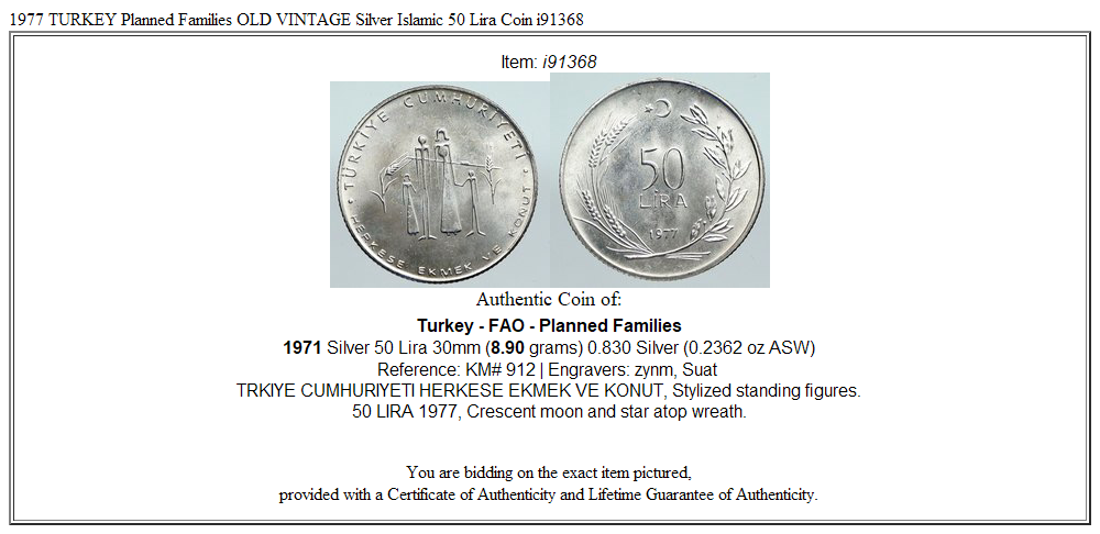 1977 TURKEY Planned Families OLD VINTAGE Silver Islamic 50 Lira Coin i91368