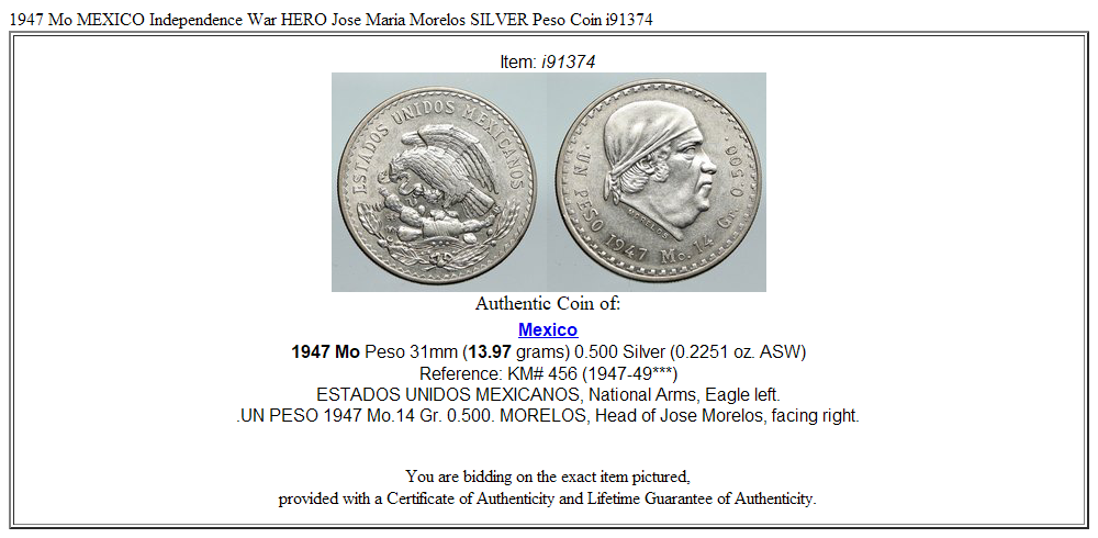 1947 Mo MEXICO Independence War HERO Jose Maria Morelos SILVER Peso Coin i91374