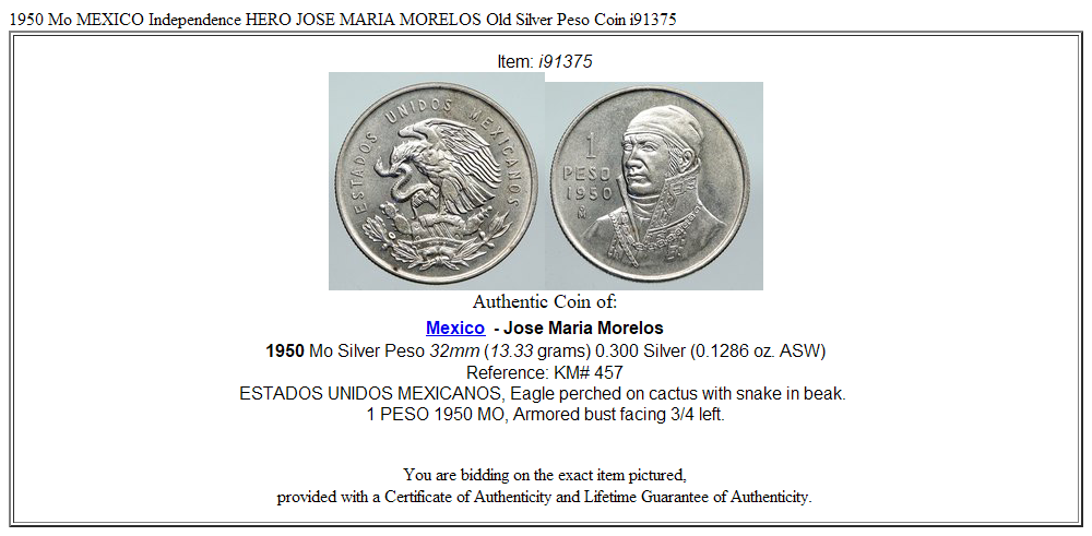 1950 Mo MEXICO Independence HERO JOSE MARIA MORELOS Old Silver Peso Coin i91375