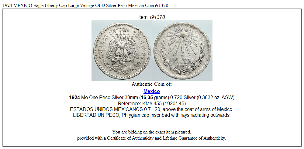 1924 MEXICO Eagle Liberty Cap Large Vintage OLD Silver Peso Mexican Coin i91378