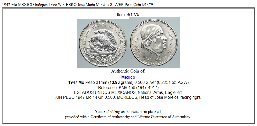 1947 Mo MEXICO Independence War HERO Jose Maria Morelos SILVER Peso Coin i91379