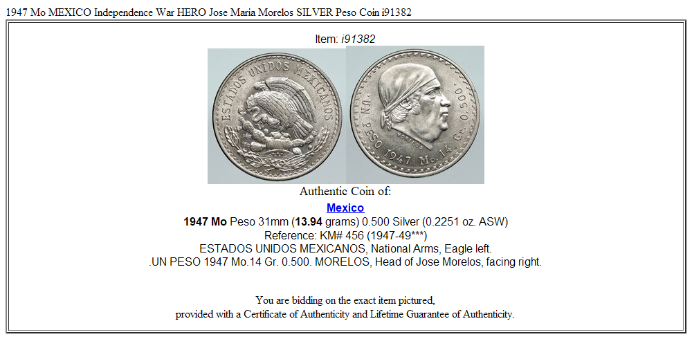 1947 Mo MEXICO Independence War HERO Jose Maria Morelos SILVER Peso Coin i91382