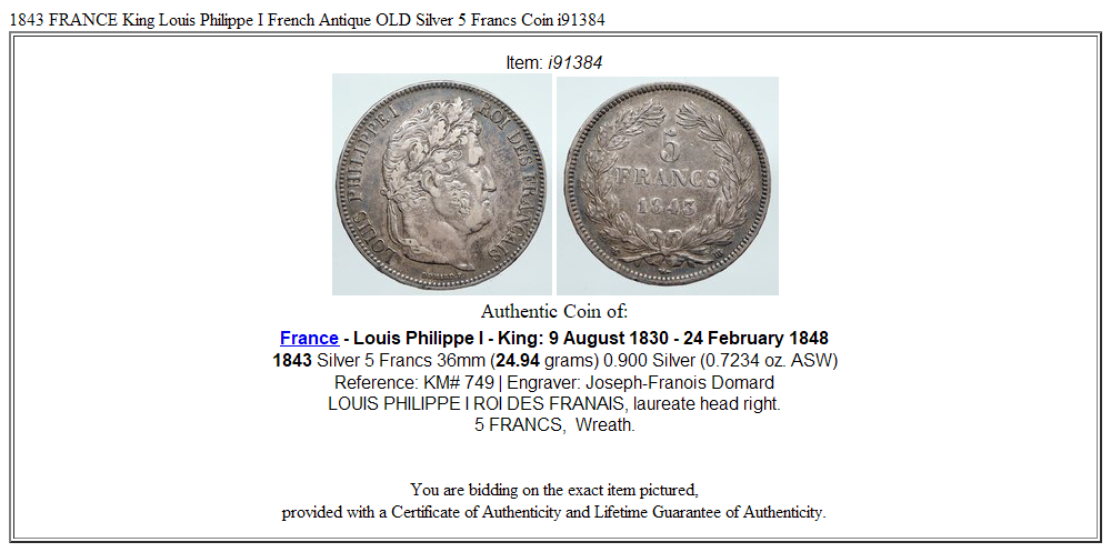 1843 FRANCE King Louis Philippe I French Antique OLD Silver 5 Francs Coin i91384