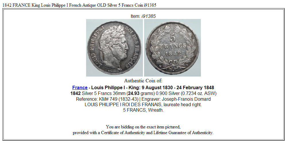 1842 FRANCE King Louis Philippe I French Antique OLD Silver 5 Francs Coin i91385