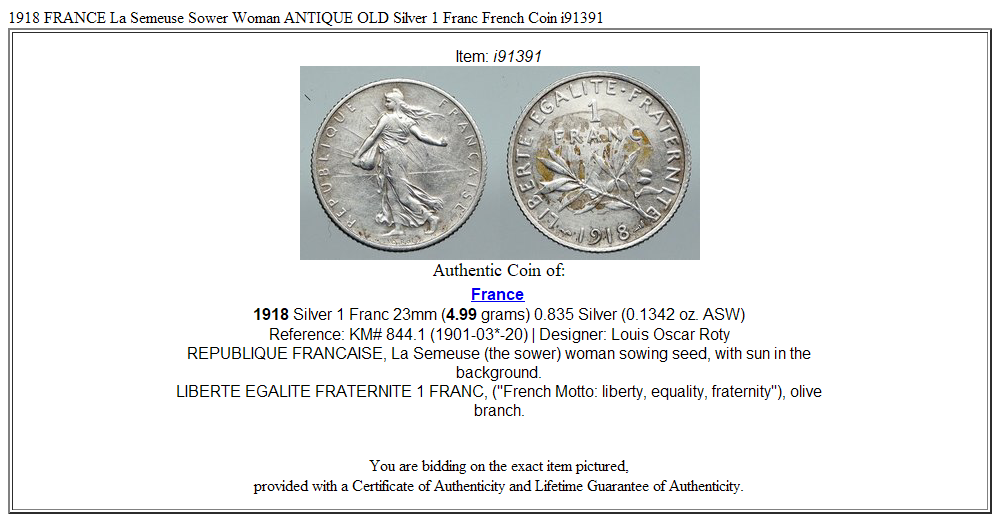 1918 FRANCE La Semeuse Sower Woman ANTIQUE OLD Silver 1 Franc French Coin i91391