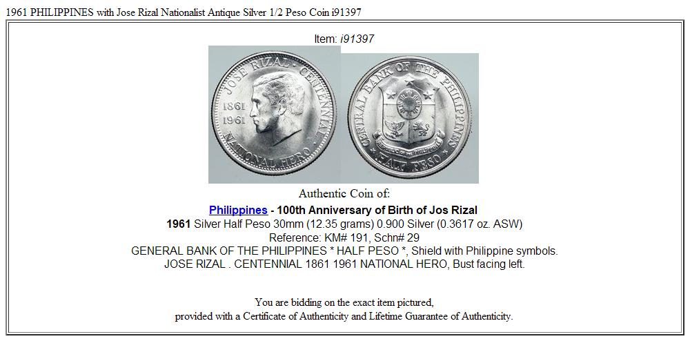 1961 PHILIPPINES with Jose Rizal Nationalist Antique Silver 1/2 Peso Coin i91397