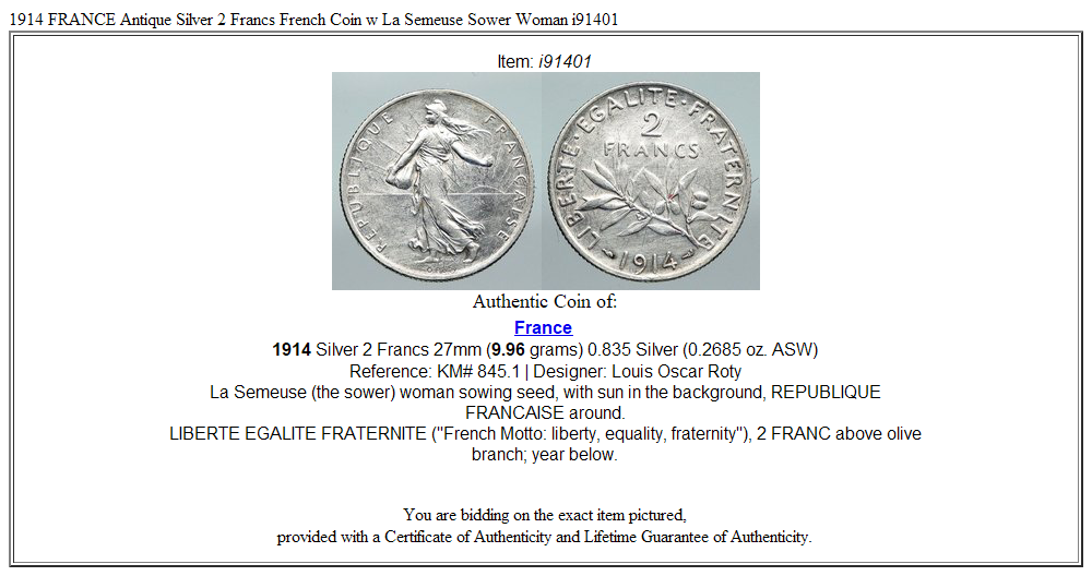 1914 FRANCE Antique Silver 2 Francs French Coin w La Semeuse Sower Woman i91401