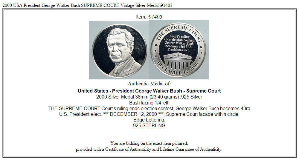 2000 USA President George Walker Bush SUPREME COURT Vintage Silver Medal i91403