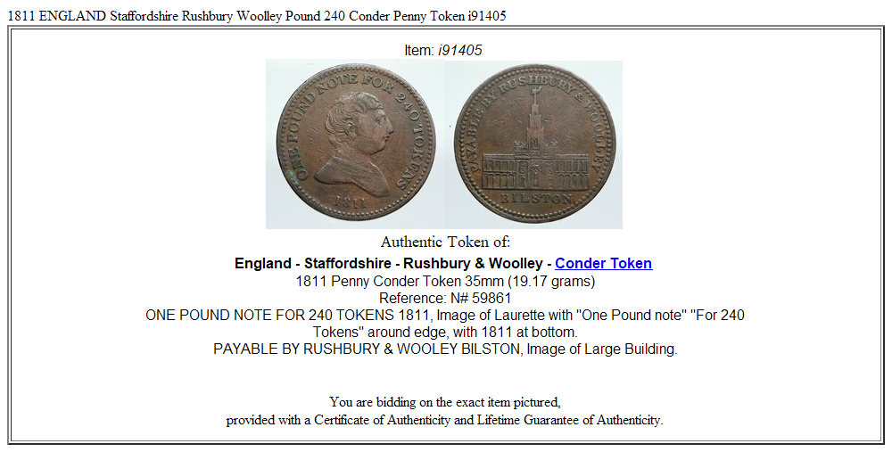 1811 ENGLAND Staffordshire Rushbury Woolley Pound 240 Conder Penny Token i91405