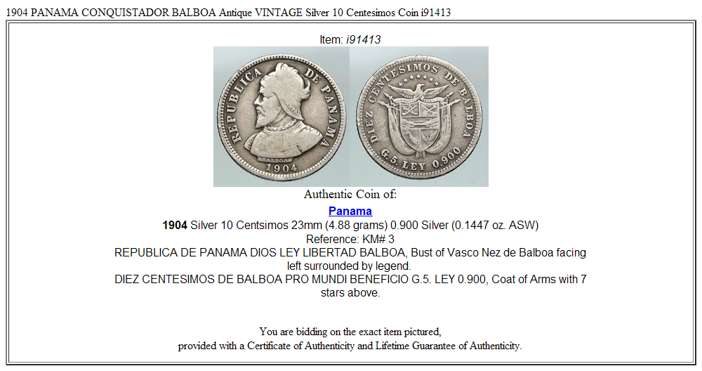 1904 PANAMA CONQUISTADOR BALBOA Antique VINTAGE Silver 10 Centesimos Coin i91413