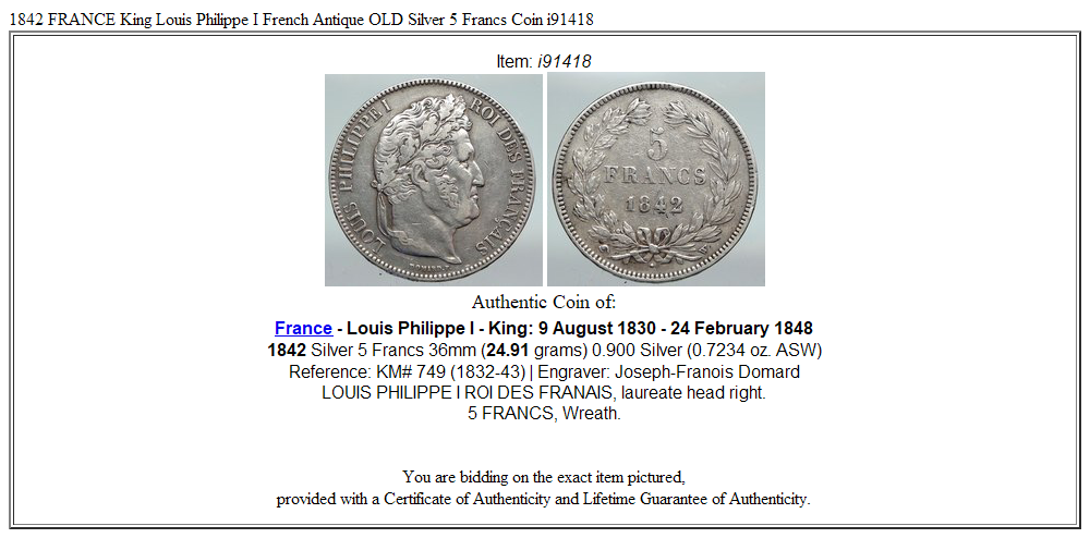 1842 FRANCE King Louis Philippe I French Antique OLD Silver 5 Francs Coin i91418