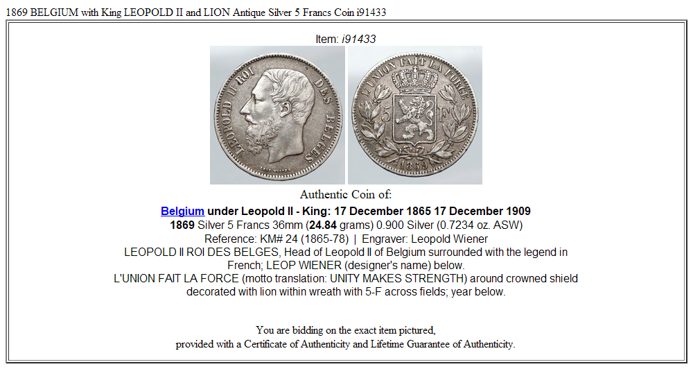 1869 BELGIUM with King LEOPOLD II and LION Antique Silver 5 Francs Coin i91433