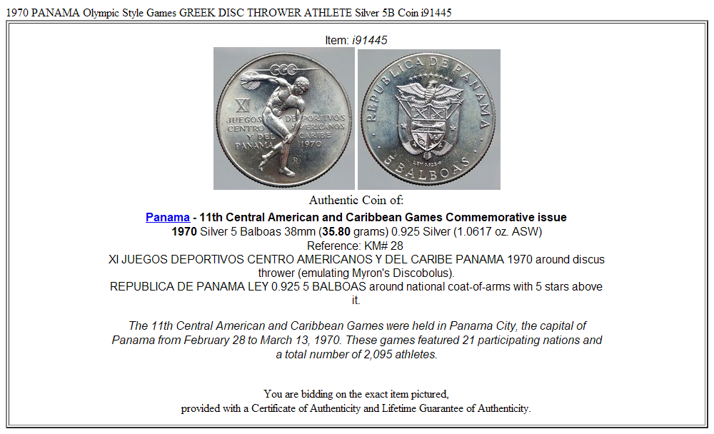 1970 PANAMA Olympic Style Games GREEK DISC THROWER ATHLETE Silver 5B Coin i91445