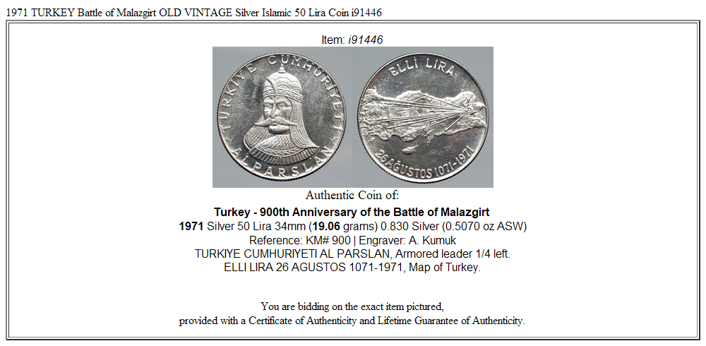 1971 TURKEY Battle of Malazgirt OLD VINTAGE Silver Islamic 50 Lira Coin i91446