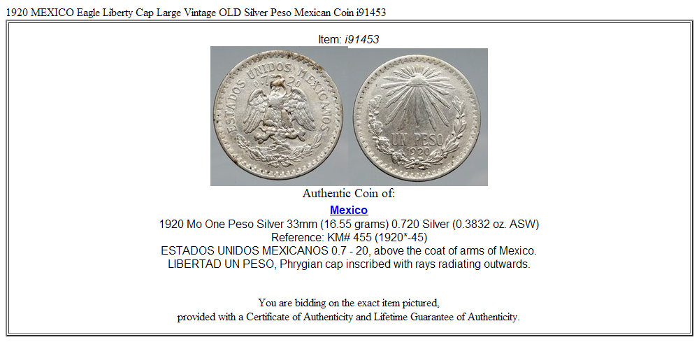 1920 MEXICO Eagle Liberty Cap Large Vintage OLD Silver Peso Mexican Coin i91453