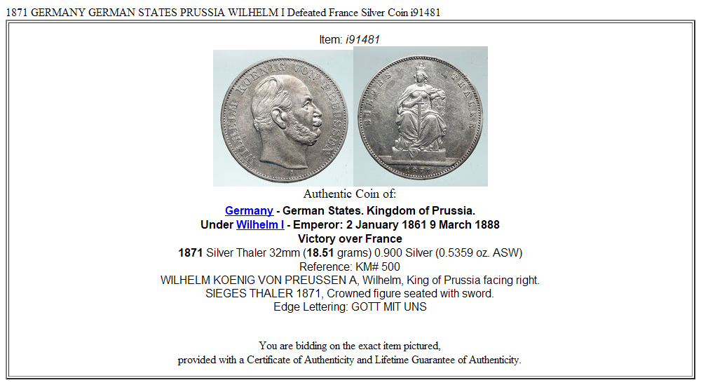 1871 GERMANY GERMAN STATES PRUSSIA WILHELM I Defeated France Silver Coin i91481