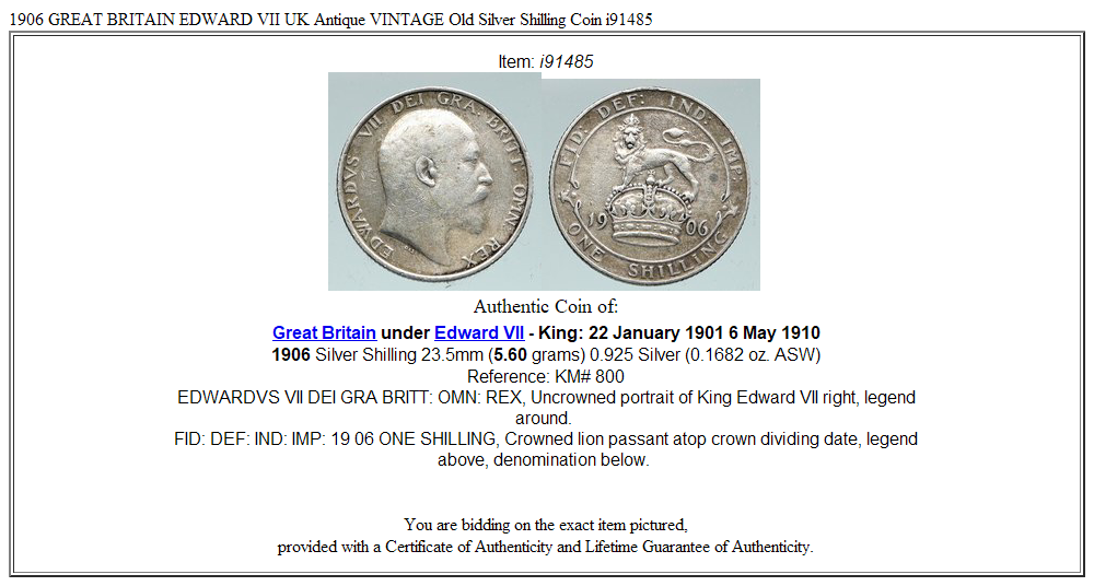 1906 GREAT BRITAIN EDWARD VII UK Antique VINTAGE Old Silver Shilling Coin i91485