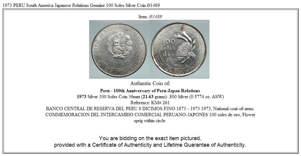 1973 PERU South America Japanese Relations Genuine 100 Soles Silver Coin i91489