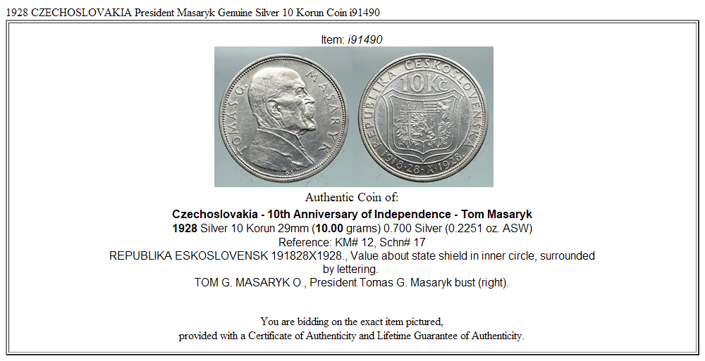 1928 CZECHOSLOVAKIA President Masaryk Genuine Silver 10 Korun Coin i91490