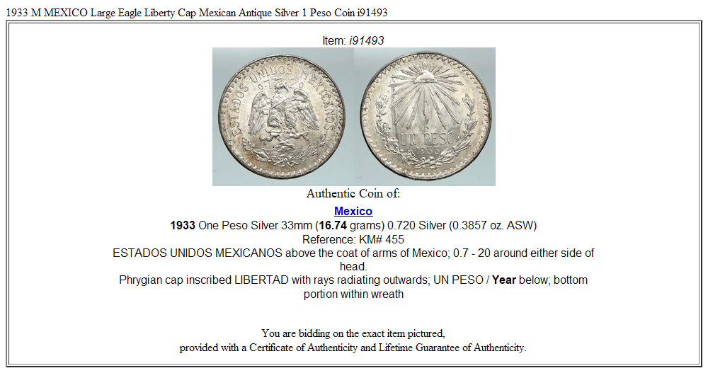 1933 M MEXICO Large Eagle Liberty Cap Mexican Antique Silver 1 Peso Coin i91493