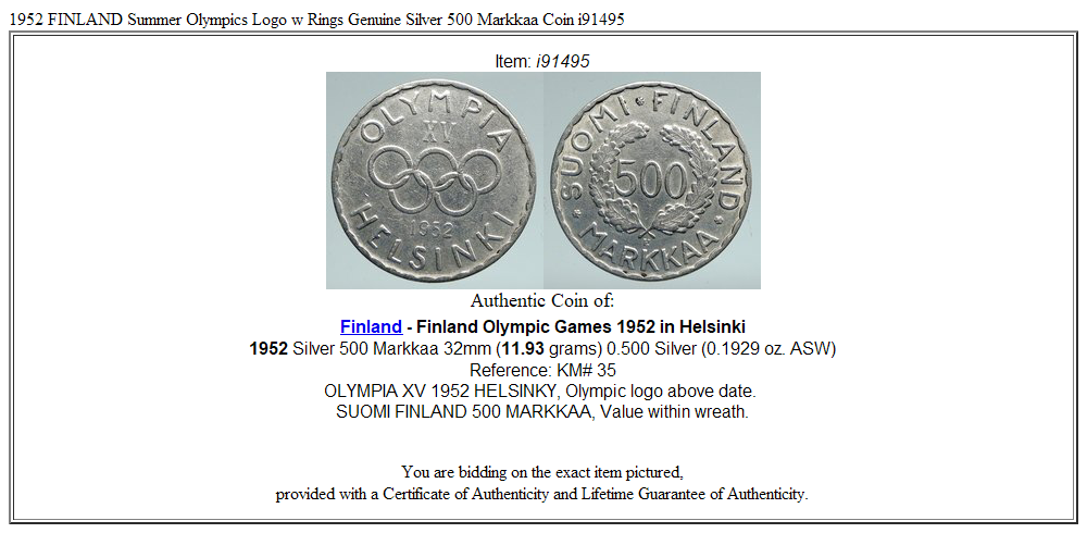 1952 FINLAND Summer Olympics Logo w Rings Genuine Silver 500 Markkaa Coin i91495