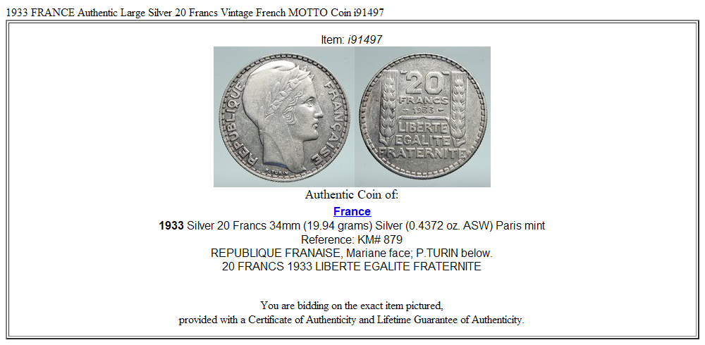 1933 FRANCE Authentic Large Silver 20 Francs Vintage French MOTTO Coin i91497