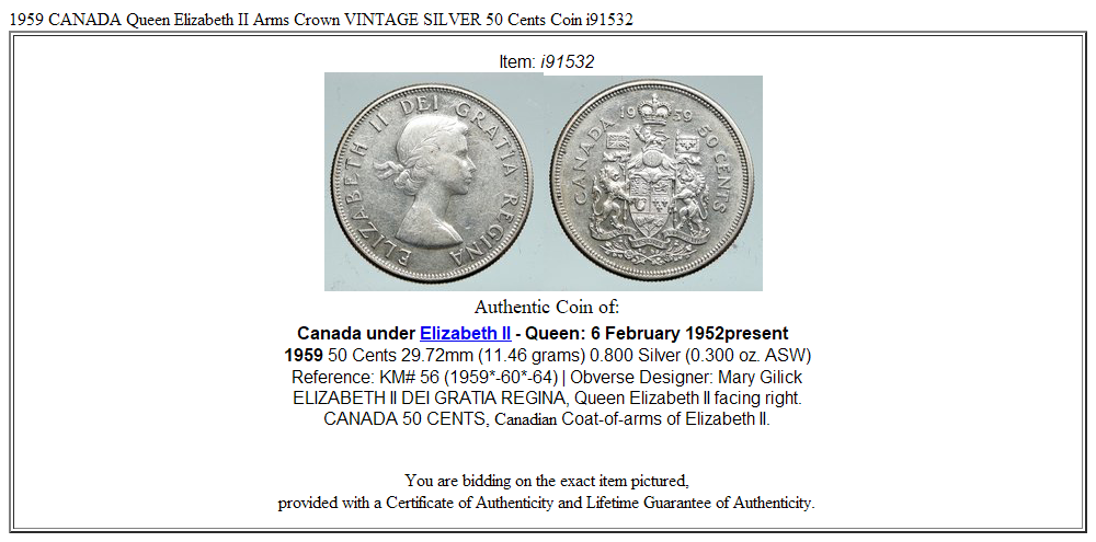 1959 CANADA Queen Elizabeth II Arms Crown VINTAGE SILVER 50 Cents Coin i91532