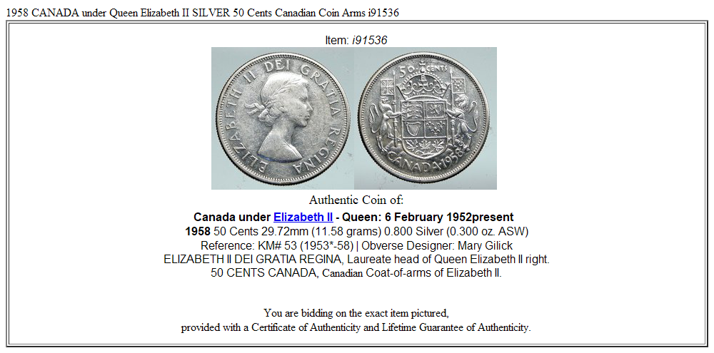 1958 CANADA under Queen Elizabeth II SILVER 50 Cents Canadian Coin Arms i91536