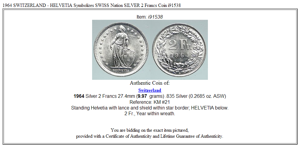 1964 SWITZERLAND - HELVETIA Symbolizes SWISS Nation SILVER 2 Francs Coin i91538