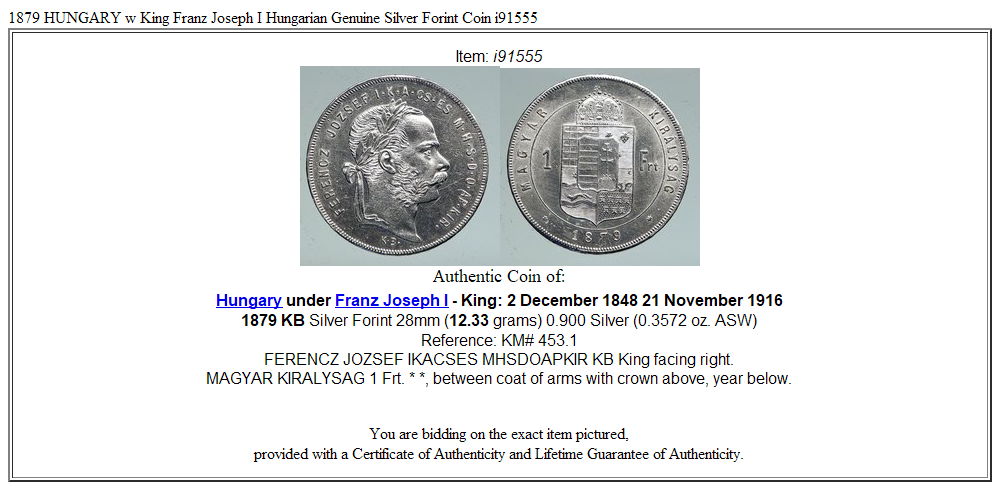 1879 HUNGARY w King Franz Joseph I Hungarian Genuine Silver Forint Coin i91555