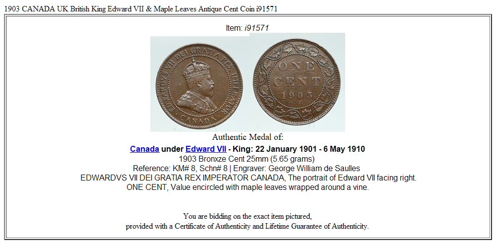 1903 CANADA UK British King Edward VII & Maple Leaves Antique Cent Coin i91571