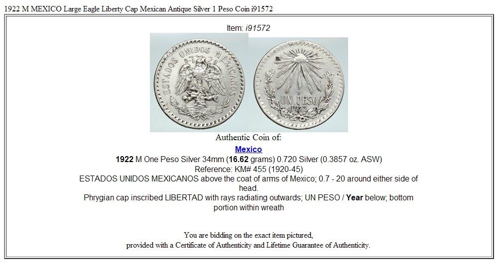 1922 M MEXICO Large Eagle Liberty Cap Mexican Antique Silver 1 Peso Coin i91572